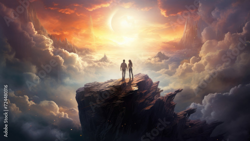 Sunset Serenade: A Romantic Couple Embracing in the Mountain Heights, Love Ascending