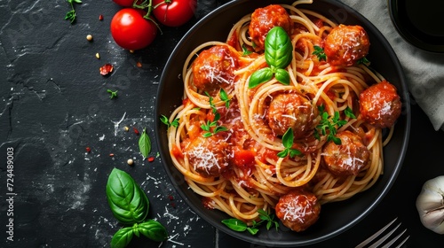 Food Photography Concept : Spaghetti with tomato sauce and meatballs in a bowl on black stone background