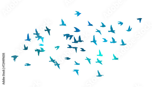 A flock of blue watercolor flying birds. Free birds abstraction. hand drawing. Not AI. Vector illustration