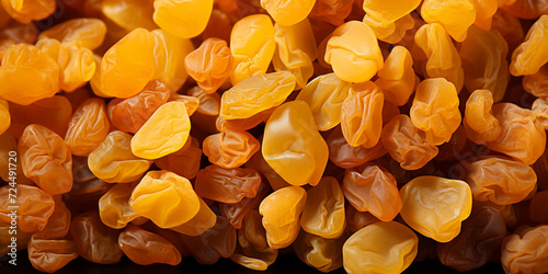 Raisin Abundance Of Raisins A Close Up Textured Background With Dried Grapes. Texture of yellow and orange raisins