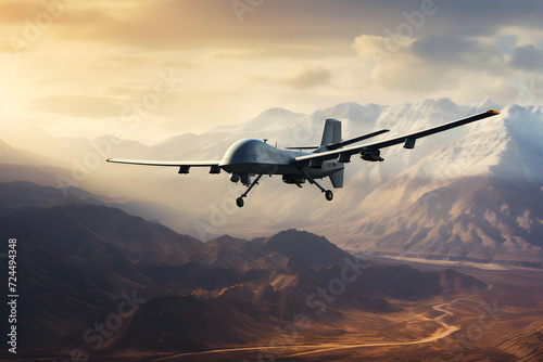 Militärische Drohne vom Typ Reaper über der Wüste, erstellt mit generativer KI