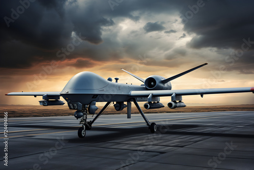 Militärische Drohne vom Typ Reaper auf dem Rollfeld, erstellt mit generativer KI