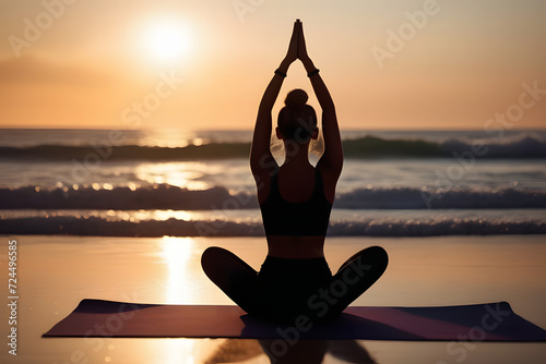 Yoga on Beach at Sunset. Woman in Silhouette Doing Yoga Poses by the Sea