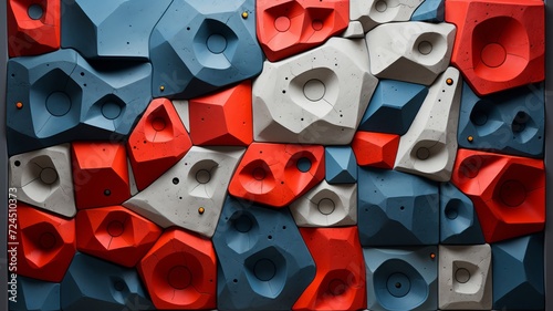 Rock-climbing wall with vibrant red and blue grips, set against a stark, grey concrete backdrop