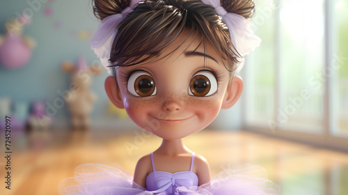 A delightful 3D headshot illustration of a charming cartoon girl with a dainty pair of ballet slippers. She is adorned in a soft lilac tutu, evoking grace and elegance. Perfect for adding a