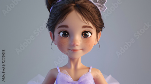 A delightful cartoon girl with a charming smile and sparkling eyes, showcased in a captivating 3D headshot illustration. Adorned with ballet slippers and wearing a soft lilac tutu, this ench
