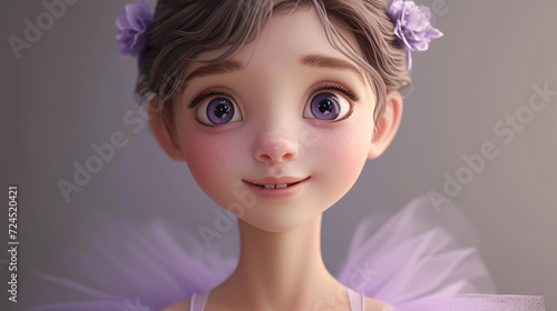 Adorable 3D illustration of a whimsical cartoon girl with rosy cheeks, donning delicate ballet slippers and a graceful lilac tutu. Her enchanting smile radiates the joy of dance. A captivati