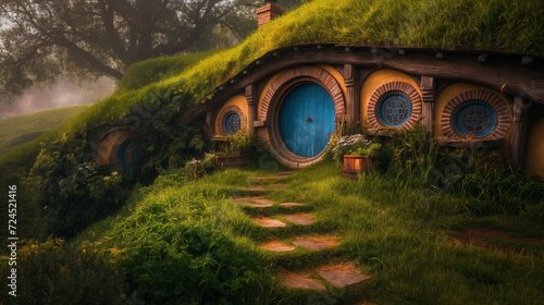 hobbit house with green grass, village, round door