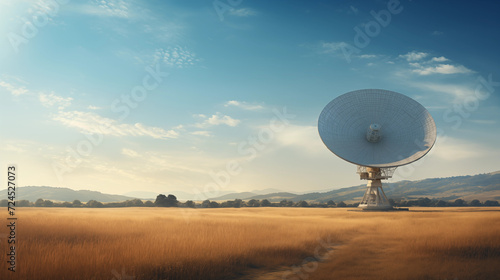 an old radio telescope in a field with blue sky