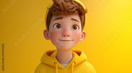 A lively and adorable cartoon boy with a sprinkle of freckles wears a vibrant yellow hoodie in this charming 3D headshot illustration. With a joyful expression and exaggerated features, he c