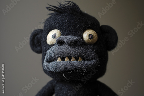 Black furry toy with bulging eyes and sharp teeth