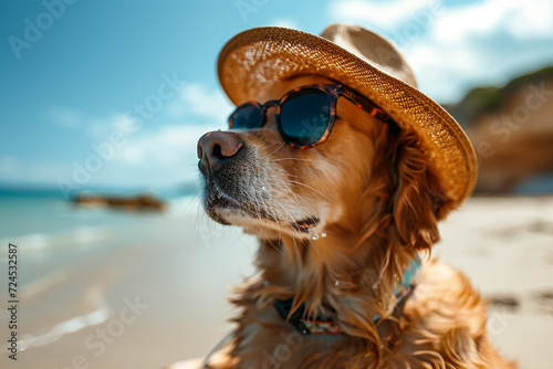 chihuahua dog at the ocean shore beach wearing red funny sunglasses smiling at camera