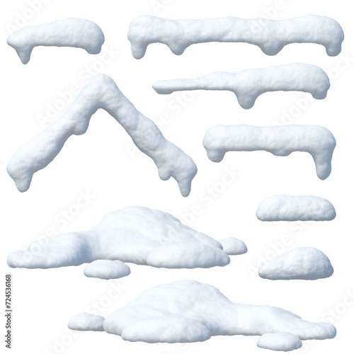 Snow caps set, icicles, snowballs and snowdrifts isolated on whi