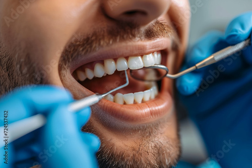 Senior man sitting at dentist chair holding saliva ejector while doctor fixing his tooth