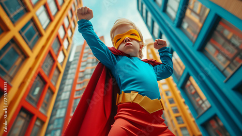 Young superhero in a vibrant city, ready to save the day! With conviction in his eyes and cape billowing in the wind, this 10-year-old embodies the spirit of bravery and adventure. A symbol