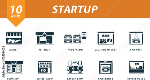 Startup icons set. Creative icons: market, pet shop, taxi station, clothing market, car wash, book shop, coffee shop, barber shop, car service, coffee house.