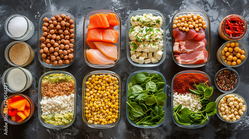 A detailed meal planning setup for bodybuilding and training, showcasing low-fat, high-protein dishes, complete with hydration and nutrient information, supporting energy and recovery Created U