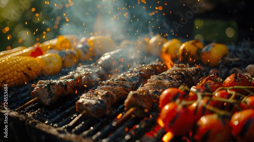 Various vegetables and meat grilling on a barbecue over the hot coals