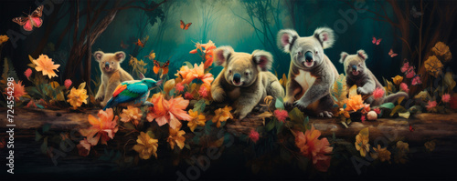 Four koalas stare at the viewer, set against a backdrop of lush vegetation and bright colors. Human contact with wildlife. Conservation of the environment. Traveling in Australia
