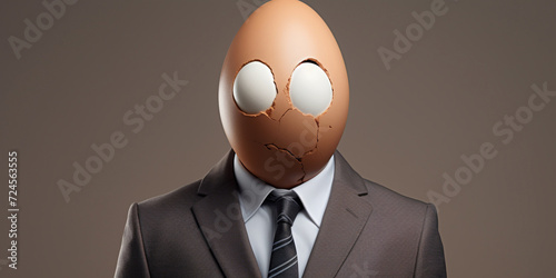 Businessman with Egg Head Wearing Sad Face on brown .
