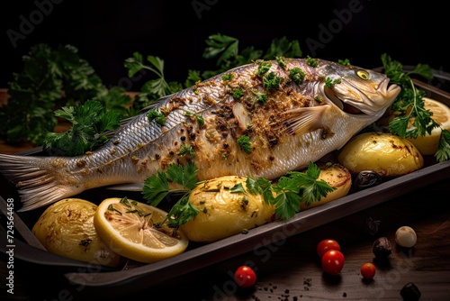 Fish dish of sea bream well served with potatoes