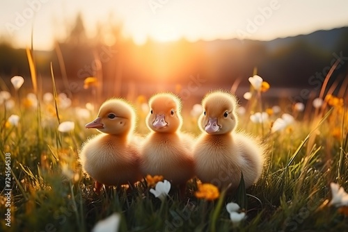 Charming little ducklings enjoying the outdoor scenery with ample copy space on lush green grass