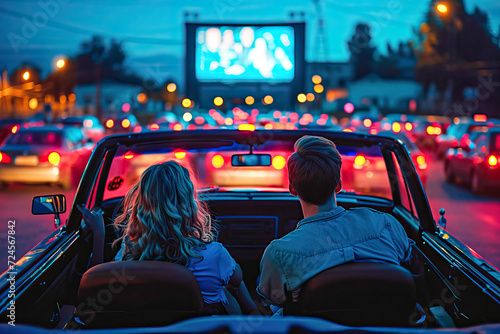 Young couple watching a movie from their convertible car in a summer cinema