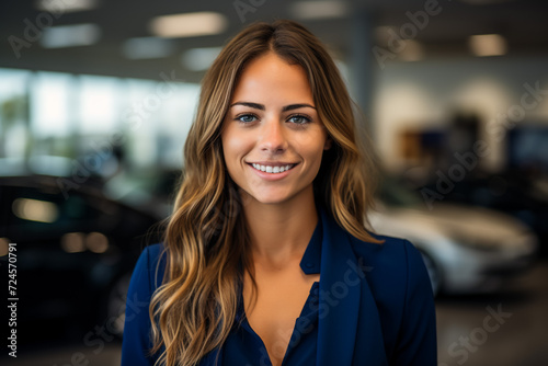 Professional young female dealer with clipboard smiling and looking at camera friendly while standing near modern automobile in car showroom