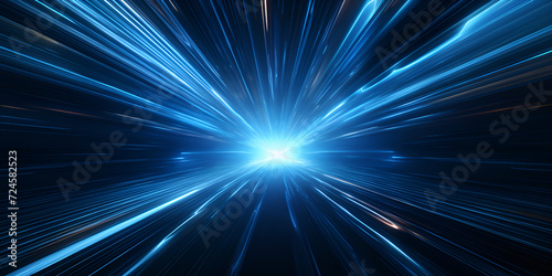 A close up of a blue light burst with a black background , Digital data flow on road with motion blur to create vision of fast speed transfer, 
