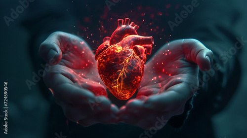 Glowing human heart in hands