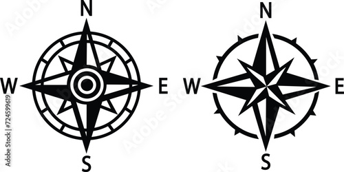 Compass icons set. Monochrome navigational compass with cardinal directions of North, East, South, West. Geographical position, cartography and navigation. Wind rose vector flat or line collection.