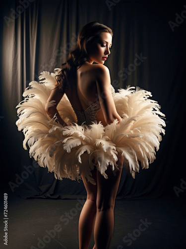 A back view of glamour burlesque dancer with an ostrich feather fan