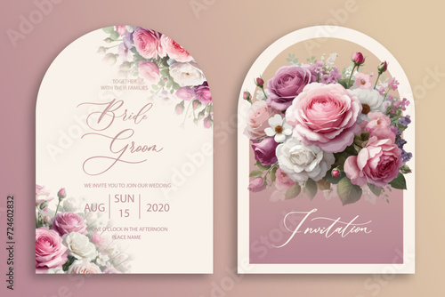Luxury arch wedding invitation card background with garden watercolor botanical pink roses and leaves. Abstract floral art background vector design for wedding and vip cover template.
