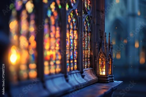 Gothic cathedral replicas with stained glass elements. Beautiful colorful gothic stained cathedral window, radiating light and intricate patterns