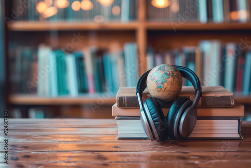 Language learning background with foreign language books and headphones. headphones on book