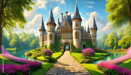 grand and enchanting game art castle straight out of a fairy tale complete with towering turrets a drawbridge and a sprawling garden