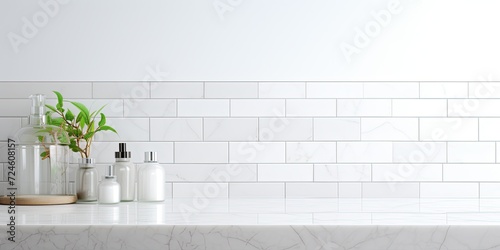 Blurry tiled wall bathroom background with empty white marble tabletop.