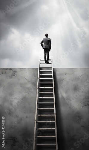 Overcoming difficulties and obstacles concept with businessman using ladder to get on top of wall