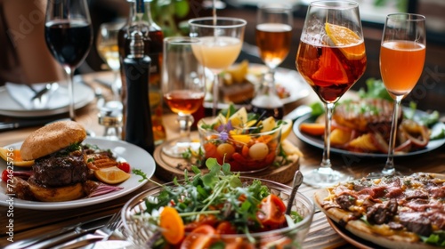 "Repas raffiné : Table dressée avec steak, salades, pains et vin rouge"