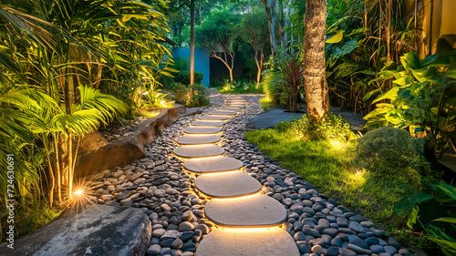 Garden stone walkway with lighted candles in the evening.
