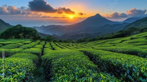 Panorama of tea plantations at sunset