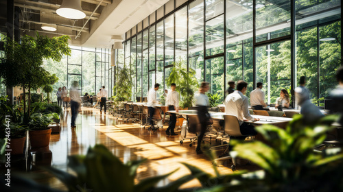 Modern eco-friendly office space with employees working and walking, surrounded by lush green plants and natural light, showcasing a dynamic and sustainable workplace environment