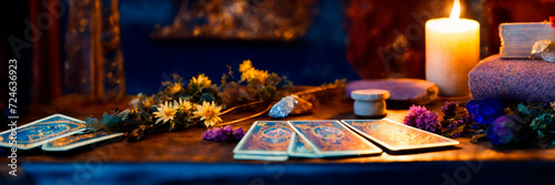 Accessories and candles for fortune telling on the table. Selective focus.