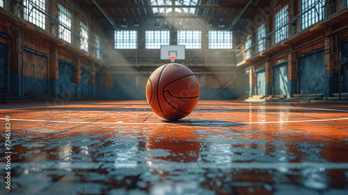 Basketball rests on a glossy, well-worn court in an empty gym