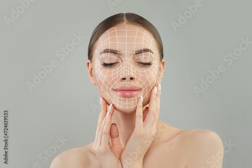 Nice woman. Face lift anti-aging lines on young female face. Graphic lines showing facial lifting effect on skin. Plastic surgery, cosmetology and massage concept