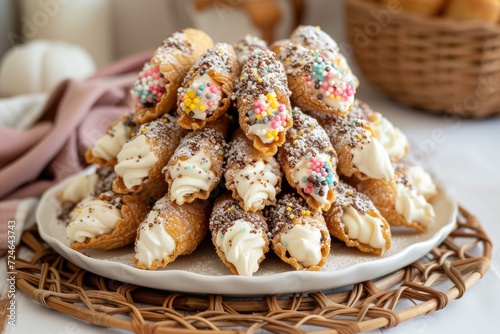 A variety of Sicilian cannoli stacked on a plate resting on a wicker centerpiece