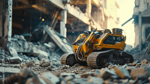 Unmanned remote-controlled search and rescue survivors robot amidst a wreckage of resident building devastated by an earthquake disaster or war. Technology for search and rescue people idea concept. 