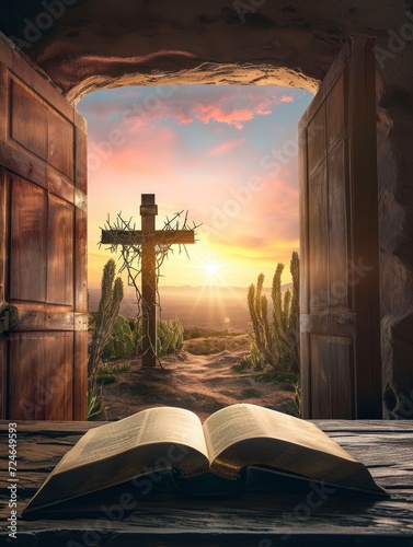 Christian Cross and open book with crown of thorns with Doors background sunset view. Palm Sunday concept, copy space - generative ai