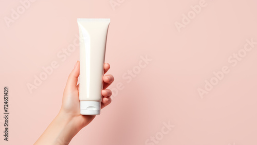 tube of cosmetic product in a woman’s hand on a light pastel background