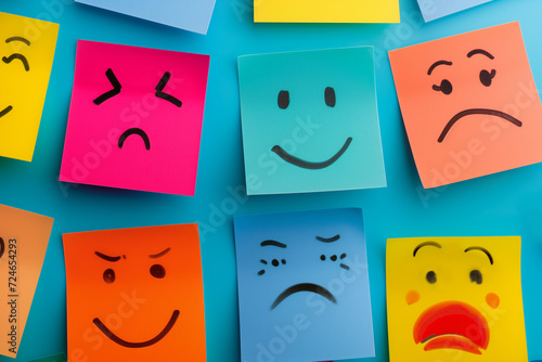 Testimonial rating concept with colorful sticky notes. various mood faces drew on sticky notes, cute abstract hand-drawn emoji drawings on page, Optimism and pessimism emotion concept wallpaper banner